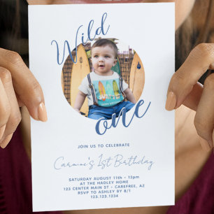 Wild One Photo Blue 1st Birthday Invitation