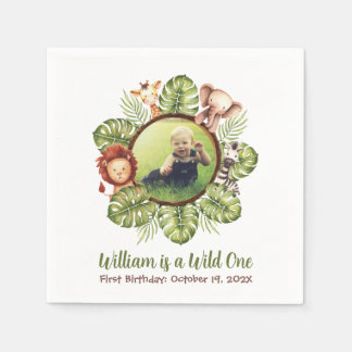 Wild One Photo Jungle Animals Leaves 1st Birthday Napkin