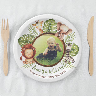 Wild One Photo Jungle Animals Leaves 1st Birthday  Paper Plate
