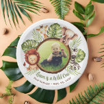 Wild One Photo Jungle Animals Leaves 1st Birthday  Paper Plate<br><div class="desc">For a first birthday party with Wild One / safari animals theme. Around a child photo in round brown wood log frame, there is a group of cute jungle animals painted in watercolor: a lion, a giraffe, an elephant and a zebra, with exotic monstera and palm leaves leaves behind them...</div>