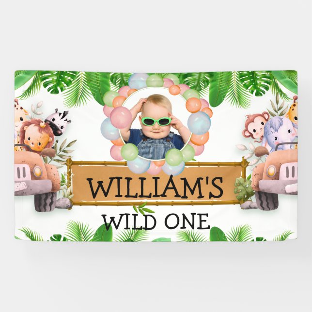 Wild One PHOTO Jungle Safari Animals Birthday Banner (Horizontal)