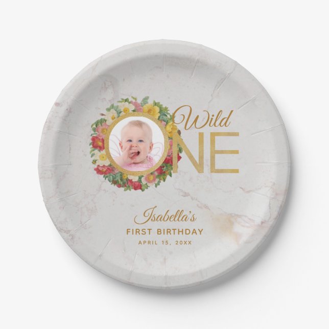 Wild One Photo Rose Wreath First Birthday Marble Paper Plate (Front)