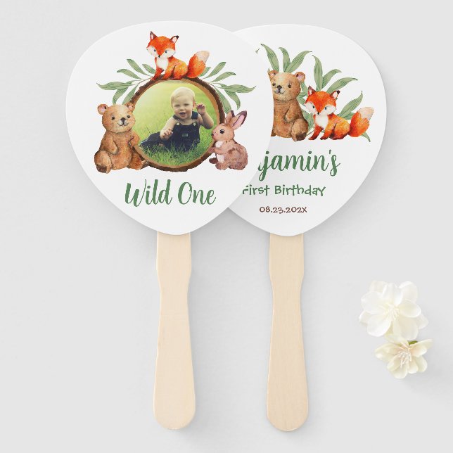 Wild One Photo Woodland Animals Fox First Birthday Hand Fan (Front and Back)
