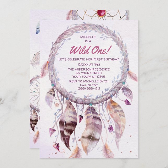 Wild One Pink Boho Dreamcatcher Birthday Invitation (Front/Back)