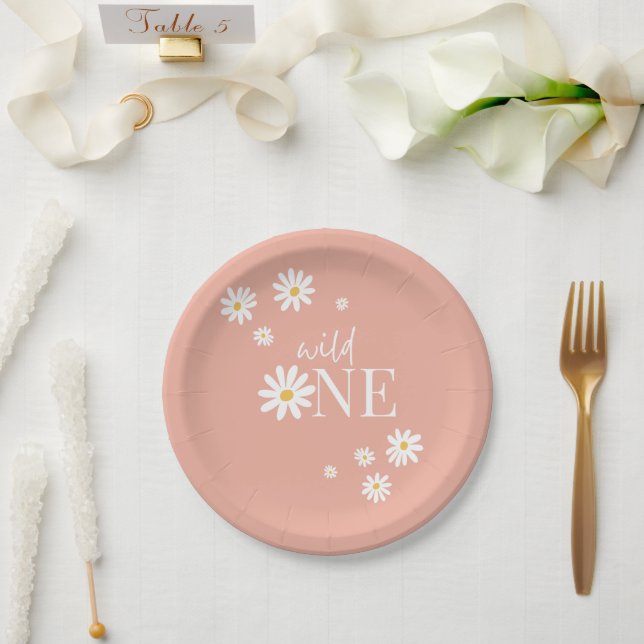 Wild One Pink Daisy 1st Birthday  Paper Plate (Wedding)