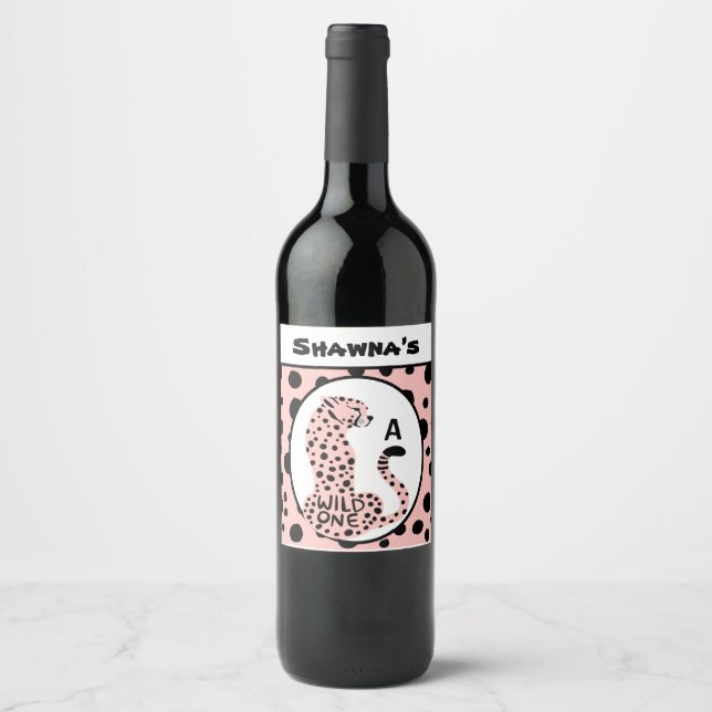 Wild One Pink Leopard Print Bachelorette Party Wine Label (Front)