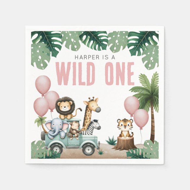 Wild One Pink Safari 1st Birthday Napkin (Front)