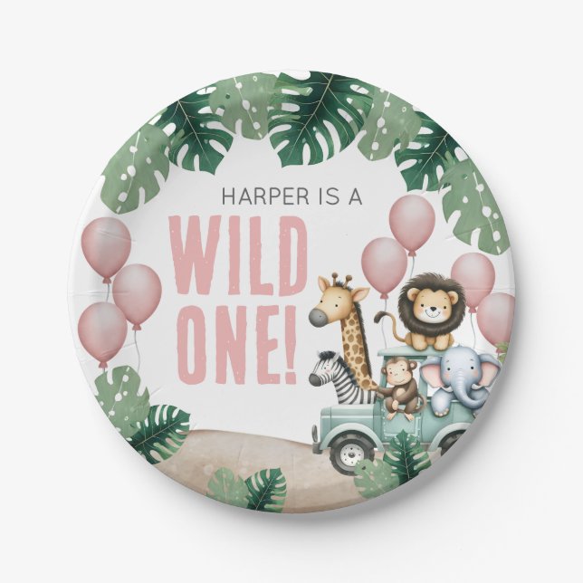 Wild One Pink Safari 1st Birthday Paper Plate (Front)