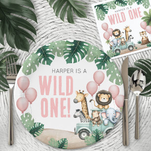 Wild One Pink Safari 1st Birthday Paper Plate