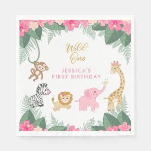 Wild ONE - Pink Safari Girl's FIRST Birthday Napkin