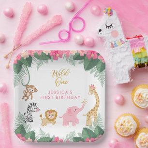 Wild ONE - Pink Safari Girl's FIRST Birthday Paper Plate
