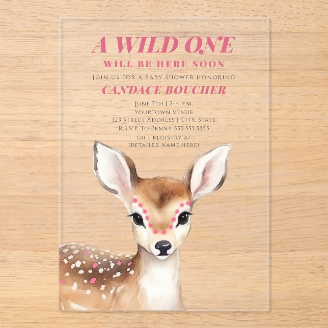 Wild One Pink Spotted Fawn Deer Baby Shower Acrylic Invitations (Front)