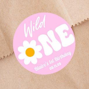 Wild One Pink White Daisy Retro 1st First Birthday Classic Round Sticker