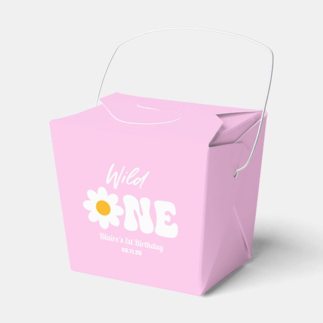 Wild One Pink White Daisy Retro 1st First Birthday Favor Box (Front Side)