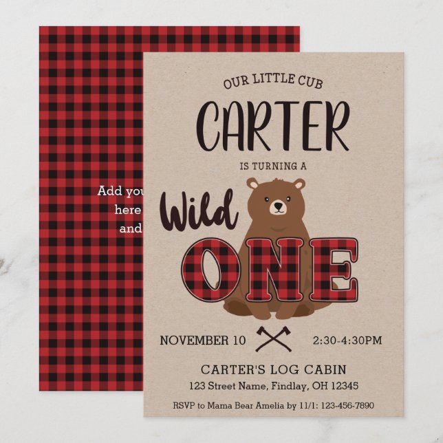 Wild ONE Plaid Bear Birthday Party Invitation (Front/Back)