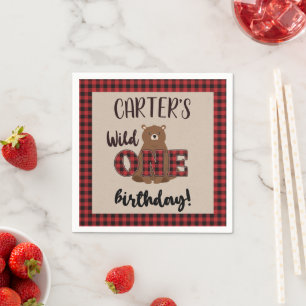 Wild ONE Plaid Bear Birthday Party Napkin