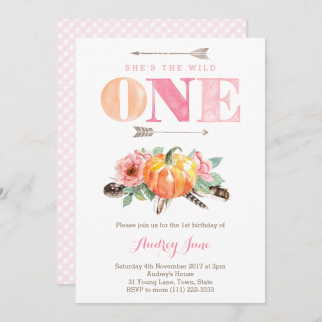 Wild one Pumpkin 1st Birthday Invites for Girl (Front/Back)
