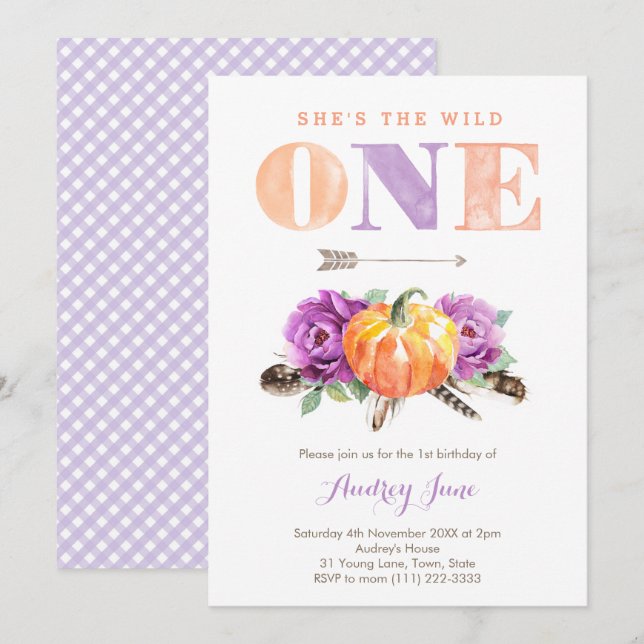 Wild One Purple Orange Pumpkin 1st Birthday Party Invitation (Front/Back)