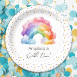 Wild One Rainbow Kids Birthday  Paper Plate<br><div class="desc">Fun watercolor rainbow themed kids party. 
Great for any season. Let's build something fun for your little one on their birthday! Custom,  personalized,  editable 
watercolor,  bright and pastel colours. whimsical illustration,  confetti,  script</div>