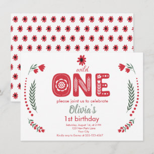 Wild One - Red Floral Folk Art 1st Birthday Party Invitation