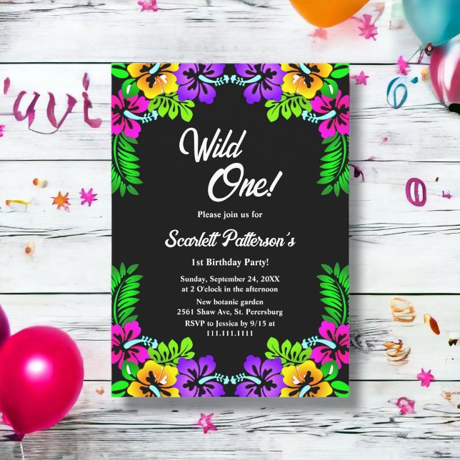 Wild One Rustic Boho Black Floral 1st Birthday Invitation (Creator Uploaded)