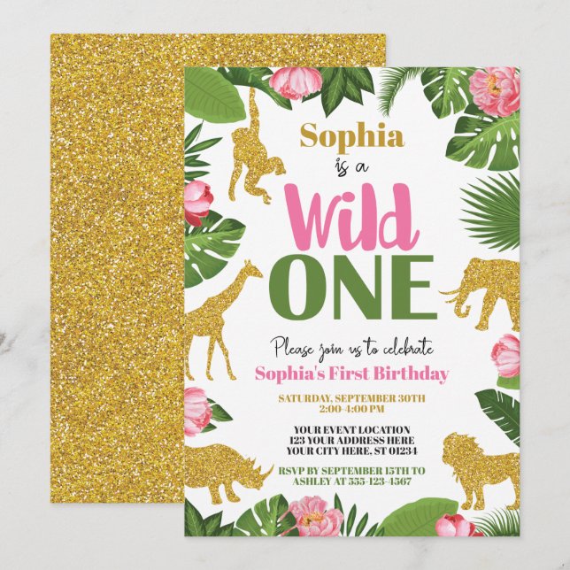 Wild One Safari 1er Anniversaire Invitation Girl G (Devant / Derrière)