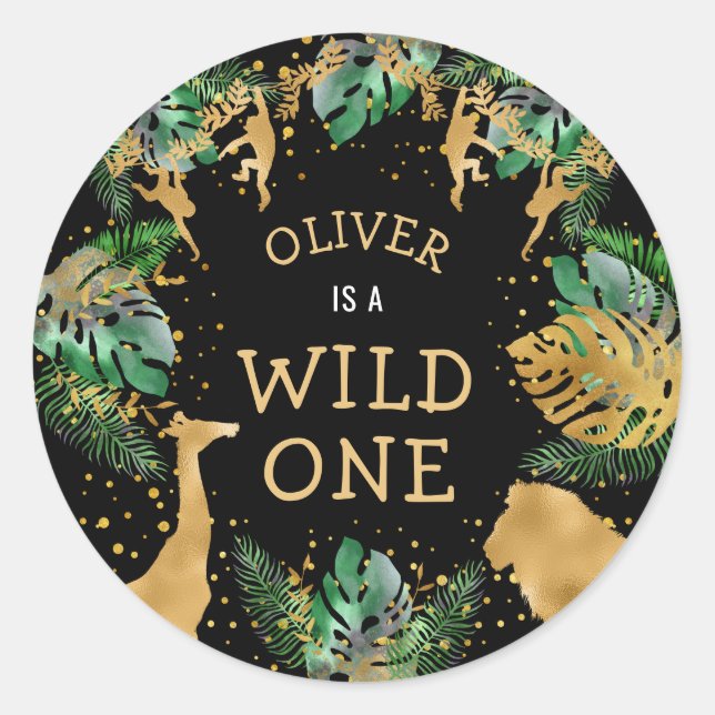 Wild One Safari 1st Birthday Party Green Black Classic Round Sticker (Front)