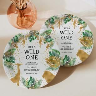 Wild One Safari 1st Birthday Party Green Gold Paper Plate