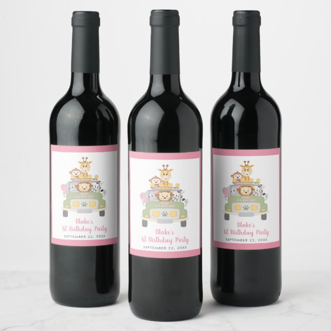 Wild One Safari 1st Birthday Party Parents Pink Wine Label (Bottles)