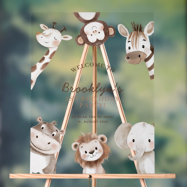Wild One Safari 1st Birthday Welcome Acrylic Sign (Neutral)