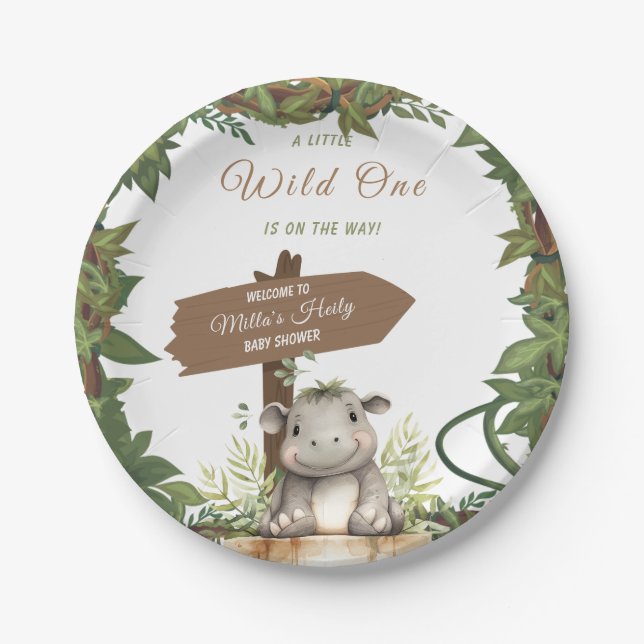 Wild One Safari Adventure Baby Hippo Baby Shower Paper Plate (Front)