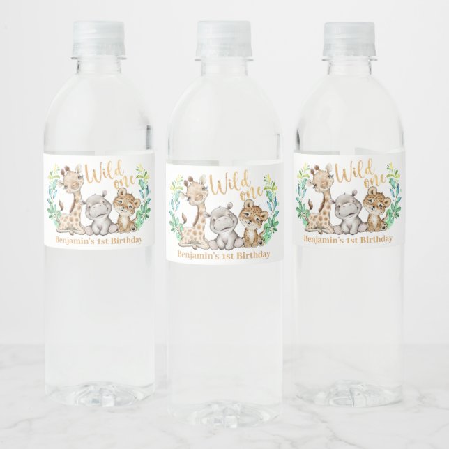 Wild One Safari Animal 1st Birthday Water Bottle Label (Bottles)