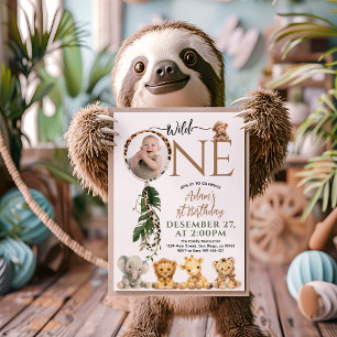 Wild One Safari Animal Balloon 1st Birthday  Invitation