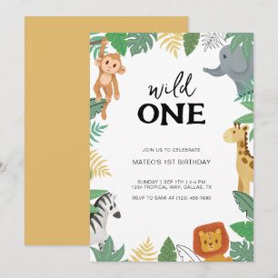 Wild One Safari Animal First Birthday Party Invitation