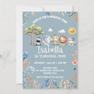 Wild one safari animal jungle Floral Birthday name Invitation