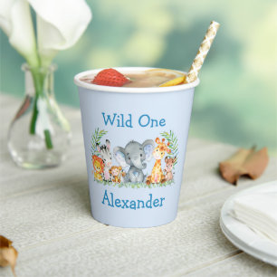 Wild One Safari Animals 1st Birthday Blue Paper Cups