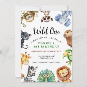 Wild One Safari Animals 1st Birthday Boys Invitation