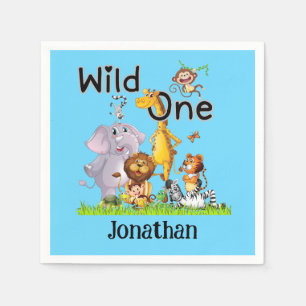 Wild One Safari Animals 1st Birthday cartoon Invit Napkin