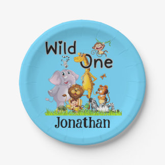 Wild One Safari Animals 1st Birthday cartoon Invit Paper Plate