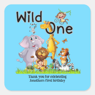 Wild One Safari Animals 1st Birthday cartoon Invit Square Sticker