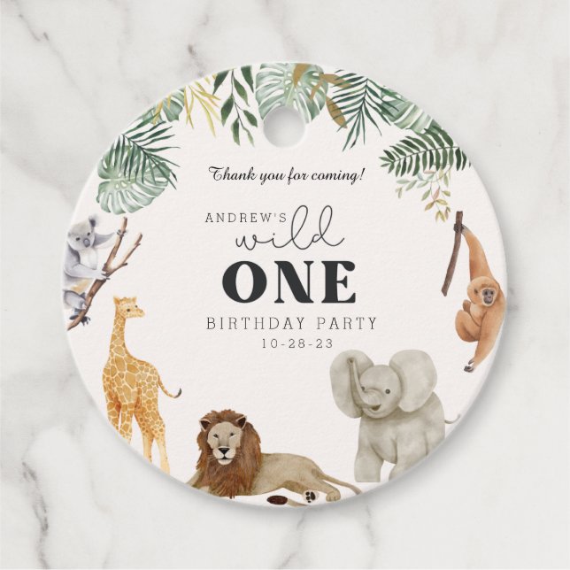 Wild One Safari Animals 1st Birthday Favour Tag (Front)