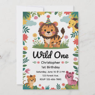 Wild One Safari Animals 1st Birthday   Jungle Invitation