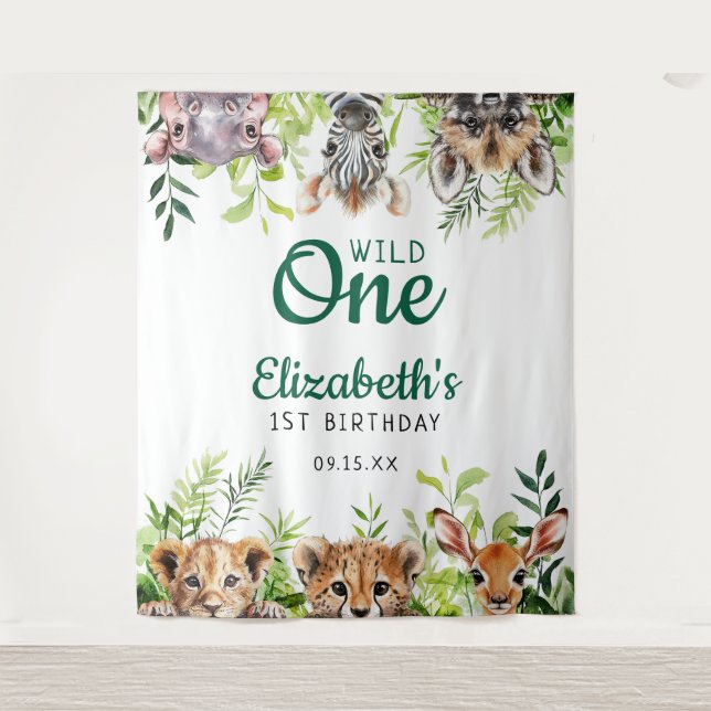 Wild One Safari Animals 1st Birthday Photo Prop Tapestry (Front)