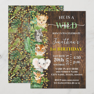 Wild One Safari Animals 1st Birthday Rustic Invitation