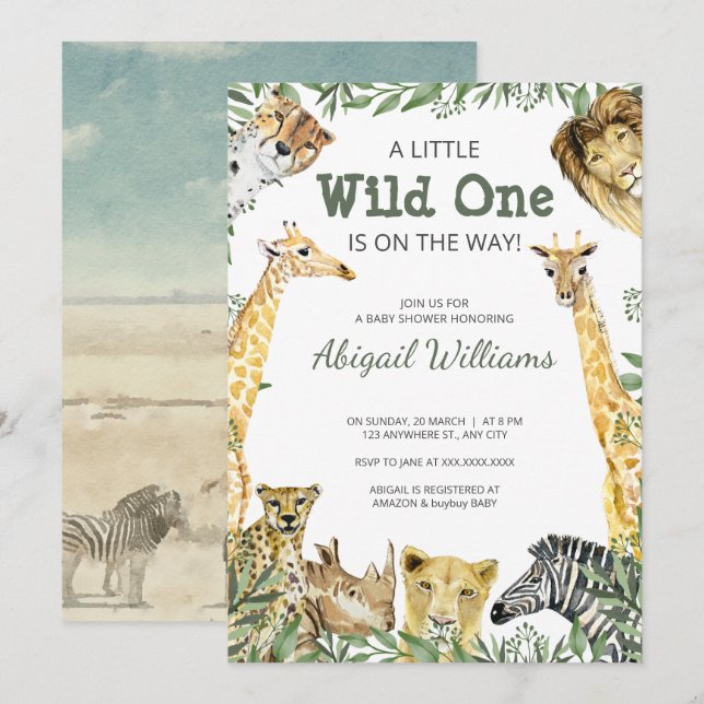 Wild One Safari Animals Baby Shower Invitation (Front/Back)