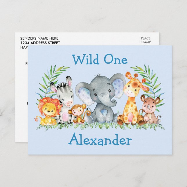 Wild One Safari Animals Birthday Invitation Blue Postcard (Front/Back)