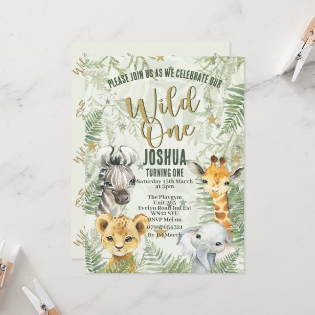 Wild One Safari Animals Birthday Invitations (Front/Back In Situ)