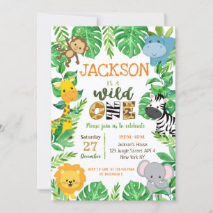 Wild One Safari Animals Birthday Invitations