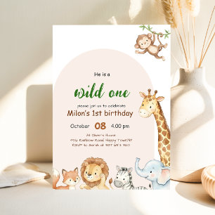 Wild One Safari Animals Boy 1st Birthday Invitation