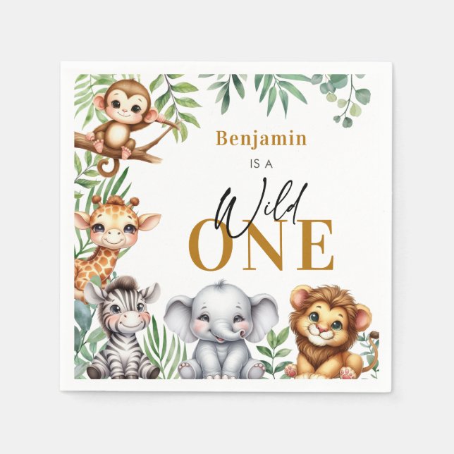 Wild One Safari Animals Boy 1st Birthday Napkin (Front)